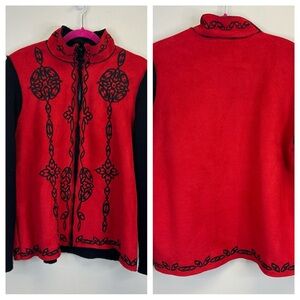 Coldwater Creek Red and Black Celtic Embroidered Faux Suede Jacket Size 1X Plus